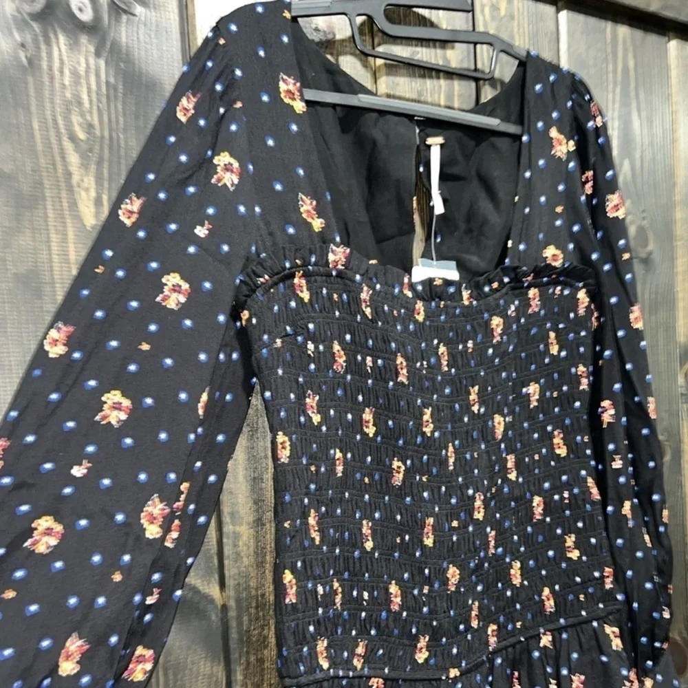 NWT Free People Mini Dress Floral Smocked Square Neck S XS Black‎ Boho